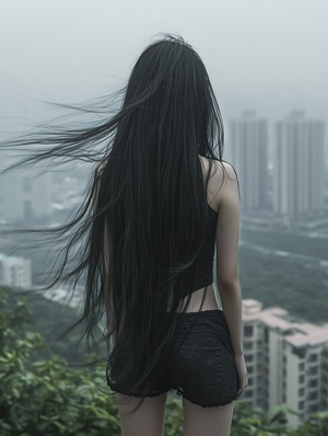 Mystical Chinese Girl on Shenzhen Mountain Overlooking Cities