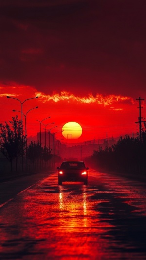 治愈风，夕阳把天空渲染成了红色，汽车在道路上行驶。