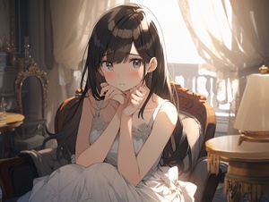 anime style,HD,8k,masterpiece,best quality,(modern urban style:1.2),1teenager(13year old),with shoulder-length black hair, black eyes, white dress, (worried), frowning, sitting on a chair in the room.Bright light, ultimate light and shadow, masterpiece, super clear picture quality, 16k resolution, masterpiece