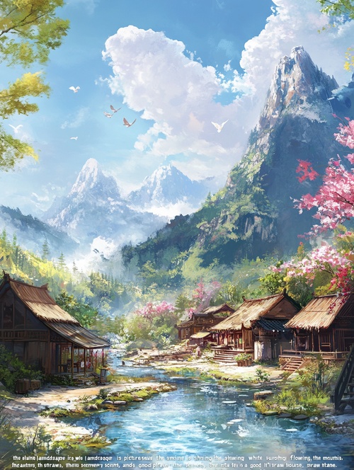 「山水如画的美，白云飘逸，阳光洒向山间，泉水流敞，绝美的风景，草屋伫立，旅游的好地方。」