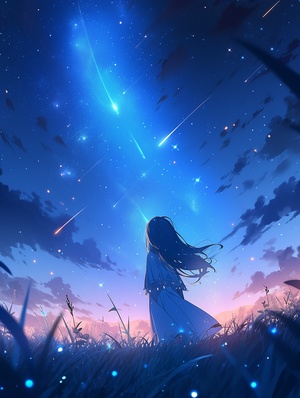 天蓝裙少女夏夜草地仰望星空