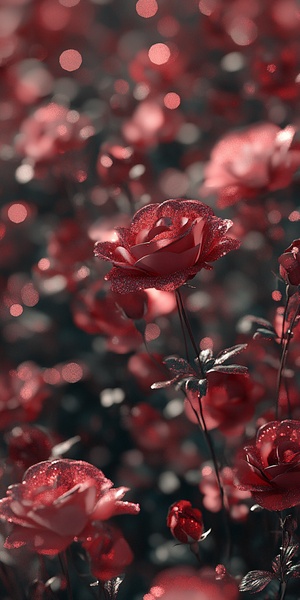 background picture，stunning luxury pale red glitter flowers roses fantansy and red flowers field.Extremely photorealistic , wide lens using a Canon EF 20mm f 1.8 USM, 8K -no person -ar16:9