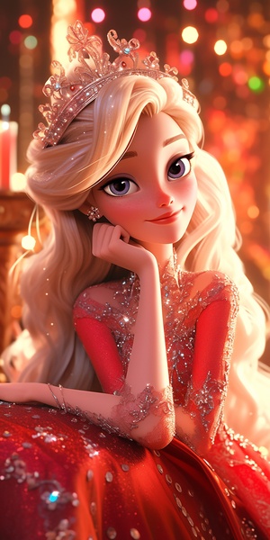 Princess Barbie wears sparkling sparklingtassel dress, sits on retro throne, smiles, eye makeup,golden eyeshadow, crown, exquisite hairstyle,necklace, jewelry, glowing particles, serene face,palace, dreamy palette, close-up, face close-up, cute,dignified, red background, Disney Pixar Studio 3Danimation style, digital art, 3D rendering,OCrendering. Cinema lighting, color correction, HD,ultra-detailed, 32k s 750 niji 6