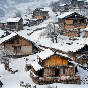 雪景下破旧村庄的土坯房与草房远景