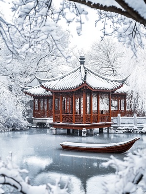 A Chinese-style garden with snow-covered pavilions and an ice boat on the pond, captured in high definition photography. The scene is captured from multiple angles, showcasing different perspectives of traditional architecture. It features a panoramic view of the snowy landscape, creating a picturesque winter wonderland. This photo was taken using Canon EOS R5 camera with an EF lens at f4 aperture setting, capturing every detail of each building's structure. The photo is in the style of traditional Chin