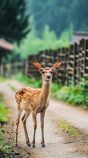 长长的乡村马路，一只漂亮的小花鹿站在那里，马路两边是栅栏、草、树，房屋，远处是郁郁葱葱的森林，近距高清摄影。