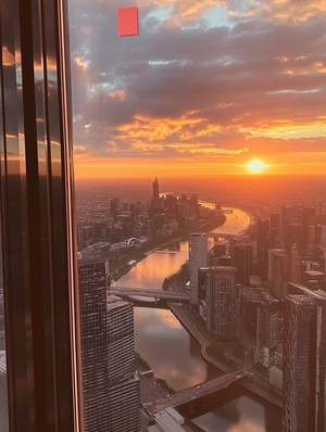 一张从E荒野大楼内部拍摄的夕阳西下时的墨尔本的照片,使用iPhone相机拍摄并于2018年夏季发布到Snapchat上。画面展示了对黄昏的不安情绪、城市天际线、河流、云彩、建筑和远山,通过玻璃窗户看到的景象。前方是一面反射着日落光的镜子,上面放着刚刚用过的口红。边缘上方贴着一张红色贴纸,上面写着“嘴唇”的白色文字。这是黄金时刻,长长的影子投射在一切事物上。