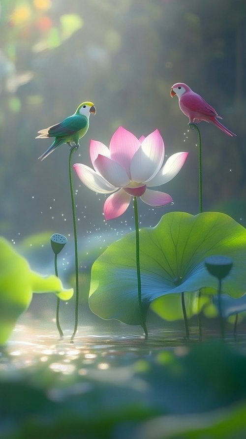 At dawn, a pink and a white lotus flower,along with a pink-and-white bud, emerge from thelake, supported by a large lotus leaf. The dew on thelotus flowers and leaf glistens in the morning sun,shining brilliantly. Two beautiful parrots sing anddance gracefully among the lotus leaves.8k,HD,animation lighting, depth of field, ultra-detailed