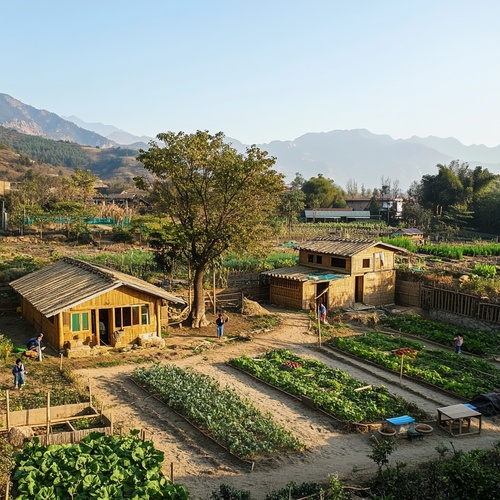 俯视全景，农家小院，两座简易草屋，屋前种着一颗大槐树，四周用篱笆围成一个大大的院子，院子里放置着各种农具，院内还有块菜地，放置座椅，远处有山，有树，有䓍，