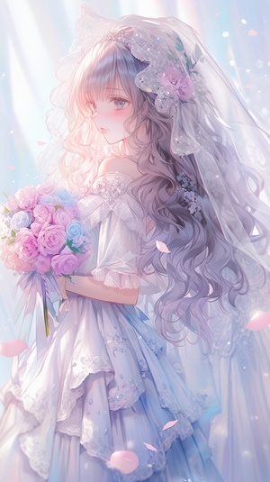 Kawaii anime style wedding dress, light blue background with pink and purple roses, long curly hair, veil, sparkling eyes, pastel colors, watercolor,fantasy art, fantasy world, soft lighting, dreamy atmosphere, detailed illustration, digital painting,cute girl character portrait, full body shot, high resolution, high quality, high detail in the style of a fantasy art. ar 3:4