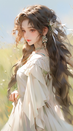 Beautiful girl, long golden hair, white off-shoulder dress, golden jewelry, grassland,blue sky, flowers, soft light, soft shadow, gem, oil painting style, Zhang Jingna style, animation charm, RTX effect, colorful attire, delicate face, 3:4ratio, Niji 6 style.,in clothes stylize 1000iw 1.5-sref -niji 6 aspect 3:4fastchaos 5