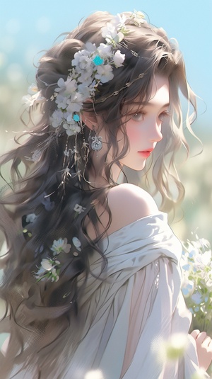 Beautiful girl, long golden hair, white off-shoulder dress, golden jewelry, grassland,blue sky, flowers, soft light, soft shadow, gem, oil painting style, Zhang Jingna style, animation charm, RTX effect, colorful attire, delicate face, 3:4ratio, Niji 6 style.,in clothes stylize 1000iw 1.5-sref -niji 6 aspect 3:4fastchaos 5