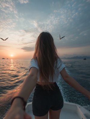 a girl wearing a black skirt and white t-shirt, holding hands with her boyfriend on a yacht in d pier of lingshan sea park in quanzhou city, china at sunset. the sea is calm, there are some birds flying around, she has long hair with bangs hanging down, in the style of photo realism, the photo taken with a canon camera from behind view. ar 9:16 iw 1.6 v 6