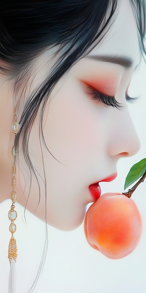 an elegant chinese woman and a Peach , beautiful eyes with long eyelashes , red lips , Jewelry earrings , smooth lines , minimalist , white background , ethereal and Zen , romantic realism ,8k. v 6.0 s 100