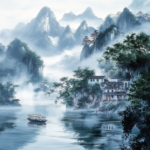 水墨丹青结合摄影技术，展现出山水如画的迷人景致，细腻的墨迹与鲜明的色彩交融，苍翠的山峰与波光粼粼的水面相映成趣，晨雾弥漫，仿佛置身于梦幻般的艺术世界，细节丰富，表现出传统文化与现代技术的完美结合。