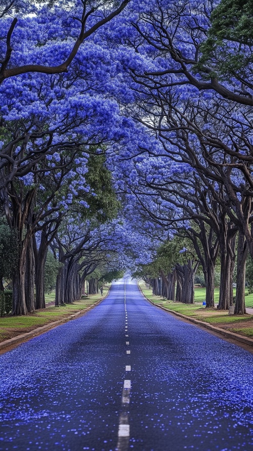 一条宽敞的下坡的双向车行道，道路两边边是干净的草坪，草坪上两排开满蓝色花的超大冠幅的参天大树，树枝伸展宽广，蓝花开满，两排树的树冠连接，形成一条拱形蓝花大道，花下路面非常宽敞，双向两车道，道路上散落着蓝色花瓣，大气唯美画面，大师杰作，高清，高品质