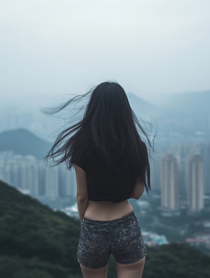 A Chinese girl with long black hair stands on the top of Shenzhen Mountain, wearing short sleeves and shorts in dark , overlooking distant cities. Her figure is gracefully against her backdrop. The wind blows up her skirt as she gazes into the distance, creating an atmosphere filled with mystery. in the style of . A Chinese girl with long black hair stands on the top of Shenzhen Nanshan Mountain, wearing short sleeves and shorts in dark , with city buildings visible behind her. Her figure is fully displayed