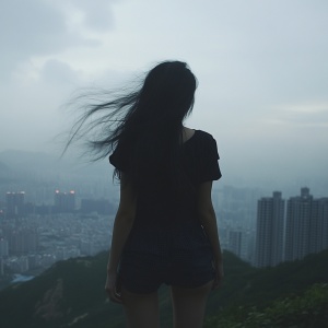 Mysterious Chinese Girl on Shenzhen Mountain Overlooking Distant Cities