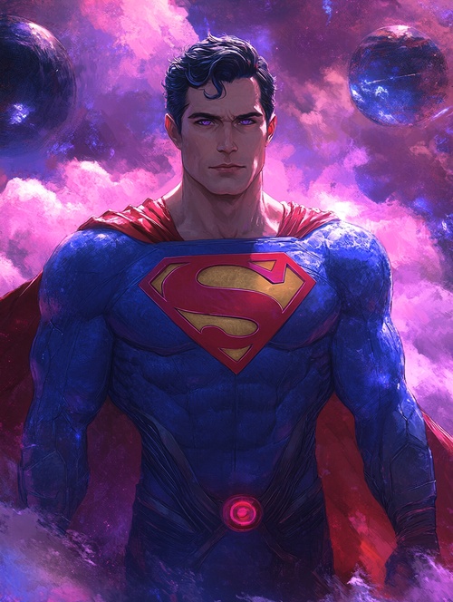 在一个充满神奇颜色的世界里， Man of Steel，也就是超人，穿上了一件亮蓝色的战衣，胸前有一个红色“S”标志。他的眼睛闪闪发光，有着强大的眼神。他站在一个神秘的星球上，那里的天空是紫色的，云朵像棉花糖一样。这个星球有着神奇的生物和建筑，充满了未来科技的感觉。整个画面充满了动作和动感，像在进行一场超级英雄的战斗。采用的是一种独特的动漫卡通风格，使得这个场景更加生动有趣。