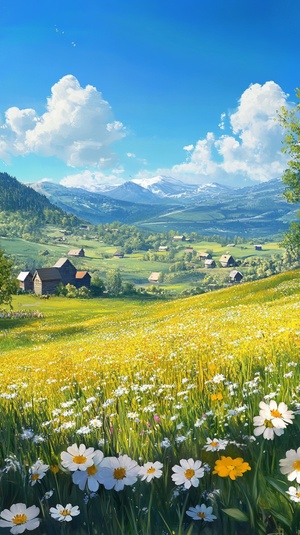 Spring Countryside Landscape with Flowers and Distant Mountains