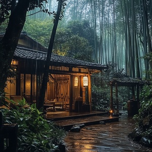 天空下着雨，竹林里有个小木屋，可以喝茶，很舒服惬意，自然风景，很治愈，很有安全感