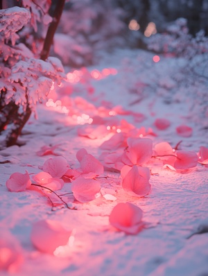 rose petals in the winter with pink lights, in the style of romanticized country life, vray, site-specific works, uhd image, site-specific work, cabincore, the aesthetic movement