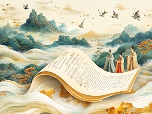 China-Chic style, felt material,anopen scroll floating in the air, withsome ancient characters on it. Ontheopenscrollstandseveralancient poets, with illustrations ofmountainsandriversinthebackground.Featuring undulatingmountains,silk,macro,high-definition surrealism, long waves,freshandelegant customs, whiteandgoldentones,macroperspective