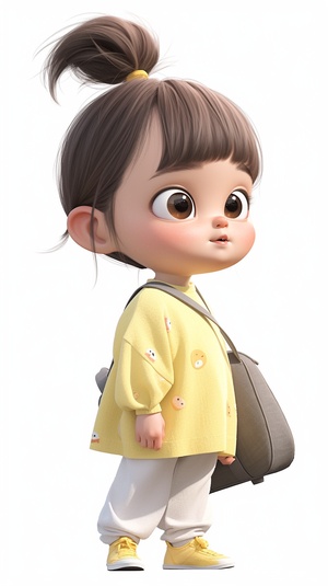 A cute 3 year old Chinese girl with a big head and a small body, her hair is fluffy andmessy tied in a pill head, big eyes, one eye blinking, doe mouth, playful and cute, wearing a long cotton and linen embroidered shaft, a pair of grey cotton and linen straight legged pants, a yellow shoulder bag, striding forward, 3D, illustration ar 9:16stylize 180 niji 6