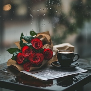 This evocative image captures a serene and introspective moment on a rainy day. In the foreground, a bouquet of vivid red roses, wrapped in brown paper, rests on a wet wooden table, adding a splash of vibrant color and life to the scene. Beside the flowers, a black coffee cup sits on a saucer, its contents steaming lightly, suggesting warmth amidst the cool, damp atmosphere. An open newspaper, its pages slightly damp, lies next to the cup, its text blurred and unreadable, contributing to the sense of a paus