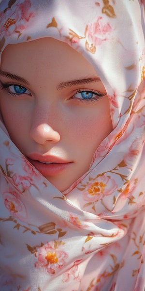 A woman with blue eyes and a floral-patterned headscarf. Plain white background, soft focus effect on the scarf. Pastel shades of pink, yellow, and white, creating a gentle atmosphere. Digital art with a realistic style.