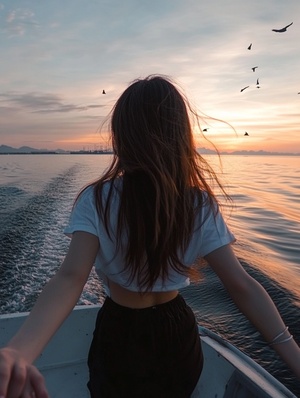 a girl wearing a black skirt and white t-shirt, holding hands with her boyfriend on a yacht in d pier of lingshan sea park in quanzhou city, china at sunset. the sea is calm, there are some birds flying around, she has long hair with bangs hanging down, in the style of photo realism, the photo taken with a canon camera from behind view. ar 9:16 iw 1.6 v 6