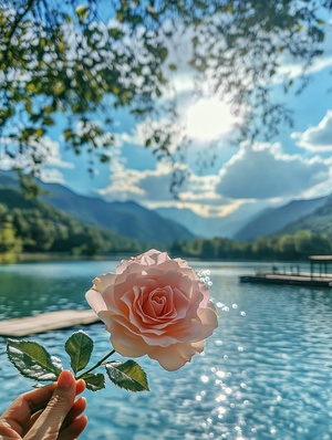 a pink rose is held in hand, floating above the water of lijiang lake under a blue sky and white clouds. the sun shines on it through a tree with lush leaves. there is an empty wooden dock by the lakeside. in front of me lie mountains covered with green trees, creating a beautiful scenery. this photo was taken using a mobile phone camera in the style of . ar 2:3 v 6.1