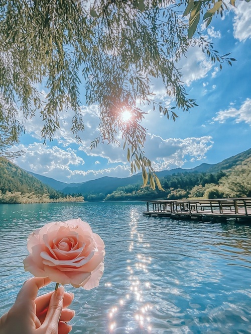 a pink rose is held in hand, floating above the water of lijiang lake under a blue sky and white clouds. the sun shines on it through a tree with lush leaves. there is an empty wooden dock by the lakeside. in front of me lie mountains covered with green trees, creating a beautiful scenery. this photo was taken using a mobile phone camera in the style of . ar 2:3 v 6.1