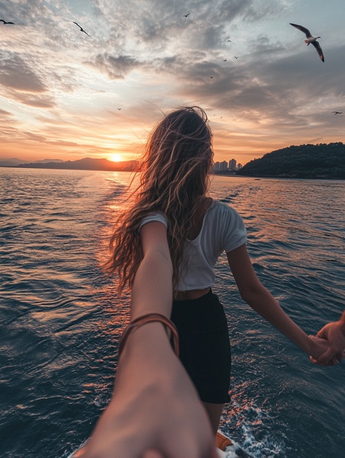 a girl wearing a black skirt and white t-shirt, holding hands with her boyfriend on a yacht in d pier of lingshan sea park in quanzhou city, china at sunset. the sea is calm, there are some birds flying around, she has long hair with bangs hanging down, in the style of photo realism, the photo taken with a canon camera from behind view. ar 9:16 iw 1.6 v 6