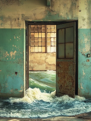 In the middle of the empty abandoned factory, there is an isolated door, the door is open, the door is the waves, there is sea water flowing out, the details are fine, realistic, real and complex scenes, the background is the abandoned factory, the door and the background seem to be two time and space, SLR photography, photographer Lucien Clergue, master photography, masterpiece, ar3:4, v6