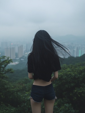 A Chinese girl with long black hair stands on the top of Shenzhen Mountain, wearing short sleeves and shorts in dark , overlooking distant cities. Her figure is gracefully against her backdrop. The wind blows up her skirt as she gazes into the distance, creating an atmosphere filled with mystery. in the style of . A Chinese girl with long black hair stands on the top of Shenzhen Nanshan Mountain, wearing short sleeves and shorts in dark , with city buildings visible behind her. Her figure is fully displayed