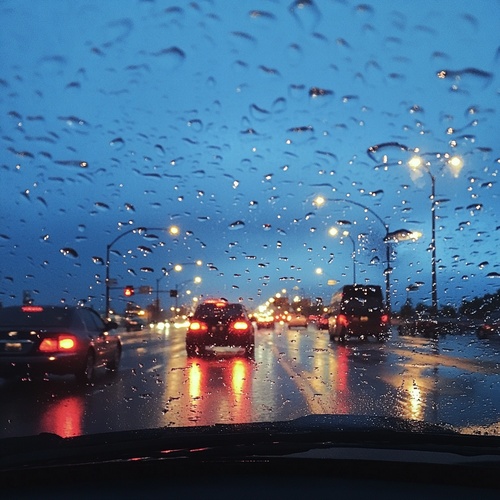 从伞内望出去,可以看到远处的街灯和汽车上的雨滴。背景是一片深蓝色的天空,有一些云朵。透明的塑料开伞表面有很多水珠,覆盖了大部分画面。看起来外面可能是阴天或有雨。这张照片是以iPhone相机的风格拍摄的。