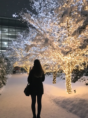 傍晚时分,日本的一座办公楼外下着雪,圣诞灯饰和装饰品点缀其间。一位戴着耳机的女士用她的iPhone 7手机拍下了这一幕。照片是从她背后拍摄的,捕捉到了那棵树木。这是一张全身照。她旁边应该有一些白沙。她穿着黑色裤子和夹克。我离那个人大约有两米远。他们面前有一棵装饰着圣诞灯的松树。这棵松树可以展现他们的整体形象,风格是装饰着圣诞灯的松树。