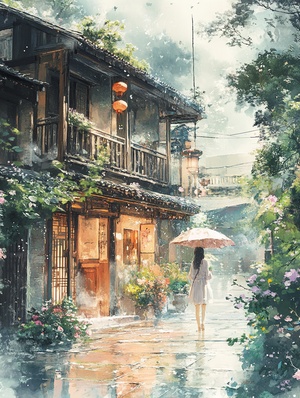 在雨后，一座中国风木式建筑风格的房屋成为壁纸的焦点，画面以电影场景般的风格呈现，融合了花卉印象派的元素，分辨率高达32K UHD，营造出浓郁的大气氛围。采用工笔（Gongbi）的细腻笔触描绘，画面中不仅展现了房屋在雨后的静谧之美，还巧妙融入了生动的街景与广阔的风景，让整幅壁纸仿佛一幅动人的画卷，既富有艺术感又充满生活气息。