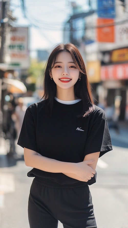 1️⃣ Korean beauty, wearing a black T-shirt with a white collar and short sleeves, leggings, a smiling expression, standing posture, a street background, a high-definition photography, a full body photo of the character wearing shorts on both legs, hands crossed over the chest, slightly sideways. The star logo is printed in front of her . ar 8:15