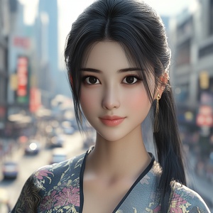 Thank you very much! With an aerial view of the skyline of a modern Chinese city or a bustling street as the background, an independent and beautiful Chinese woman with black hair confidently walks down the street.