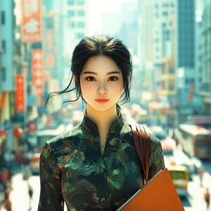 Thank you very much! Against the backdrop of an aerial view of the skyline of a modern Chinese city or a bustling street, an independent and beautiful Chinese woman with black hair confidently walks down the street, carrying a portfolio in her hand.