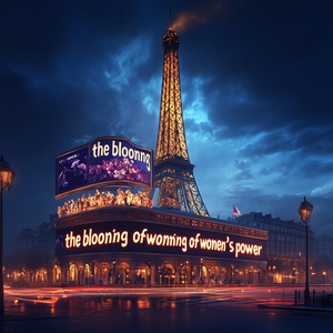 With the iconic buildings of the Paris Olympics or the grand opening ceremony as the background, accompanied by the dynamic text "The Blooming of Women's Power"