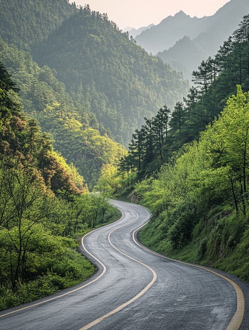 公路上，公路蜿蜒曲折一点点下坡伸向远处的森林，天气很好，柔和的阳光洒向大地。