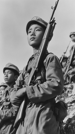 In the summer of 20th century, China's Nationalist forces were at war with Japanese barbarians in far away tropical island. They captured many young Chinese soldiers and fratoph adding to their army . The photo was taken by black-and-white cameras from Japan, they can see Asian boys aged between ten years old and twelve years old wearing military uniforms carrying guns on them as navy-style props, while also being held up against a wall or set for use as martial arts action scenes. It is very detailed a