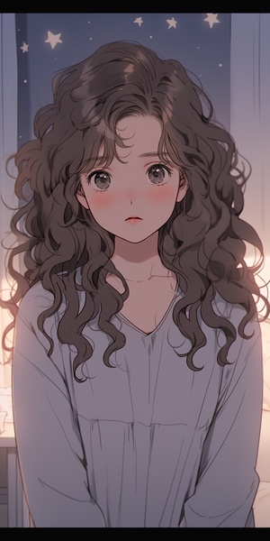 In Gakuen anime style, A girl with long brown curly hair, black eyes, delicate and clear facial features, clean face, luminous skin, white letter T-shirt, light pink skirt, starry sky, bedroom, indoor, seven-split lens, Morandi color system, soft light