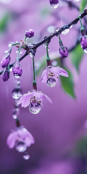 雨滴从樱花、紫色花朵、细腻的花瓣和绿叶的枝杈上滴落,雨滴落在它们上面。背景是紫色的,营造出清新美丽的自然场景,色调柔和,光线柔美。微距摄影风格捕捉到水滴悬挂下来像水晶珠般,以高清展现细腻的花瓣纹理。高分辨率的照片提供细致的细节和高质量。背景因快门速度效果而模糊,创造出高清摄影风格的优雅氛围。