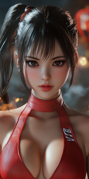 I don't know about Huowu, (97 King of Fighters), (master level work), (highest image quality), ultra-fine, ultra-high resolution, 8K, high detail, third person perspective, exquisite facial features, perfect face, female, single person, bright and lively big eyes, long eyelashes, red lips, ponytail, diagonal bangs, combat posture, confident expression, (red combat suit), (tight fitting clothing), (crop top outfit), (red gloves), (red boots), (fan), (flame effects), warm color tone, (Japanese background)