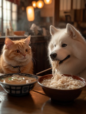 There are two animals in the picture, an orange cat on the left and a Samoyed dog on the right, eating ramen, a real and complex scene, a Japanese ramen restaurant in the background, soft and elegant lighting, Japanese wind, realistic, animal portrait, fine details, realistic photography, Nikon z5, photographer Nori Inoguchi, cinematic lighting effects, masterpiece，ar3:4，v6