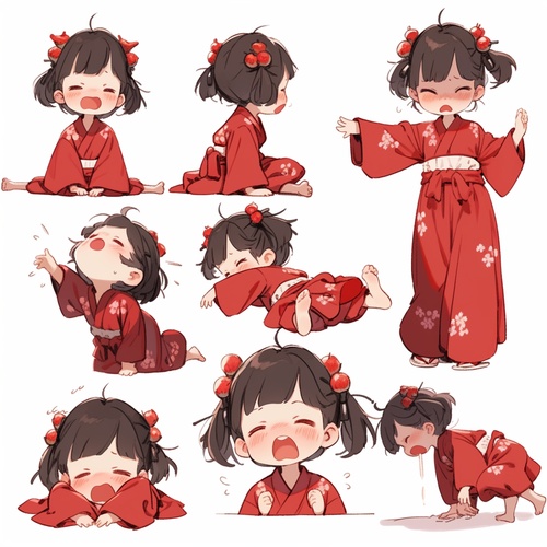 小女孩，红色汉服，可爱，全身图，chibi，9种姿势和表情，emoticons[头晕、高兴、生气、哭泣、悲伤、可爱、期待、大笑、失望和害羞、困倦、吃饭和头晕、表达爱意等]，贴纸艺术，白色背景